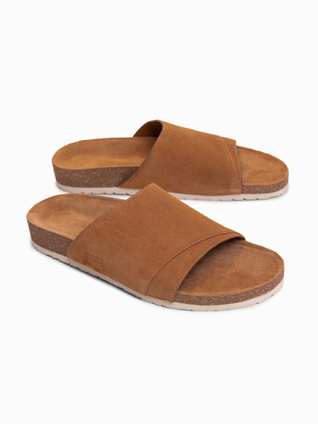 Ombre Clothing Pánské žabky z přírodního semiše s korkovou podrážkou - camel V1 OM-FOSF-0247 Ombre Clothing
