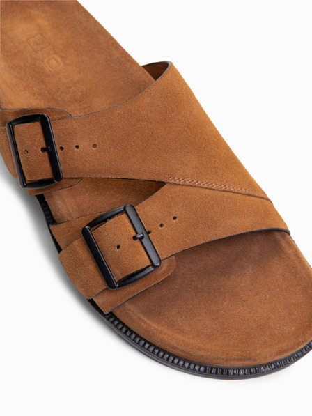 Ombre Clothing Pánské žabky z přírodního semiše s nastavitelnými přezkami - camel V3 OM-FOSF-0249 Ombre Clothing
