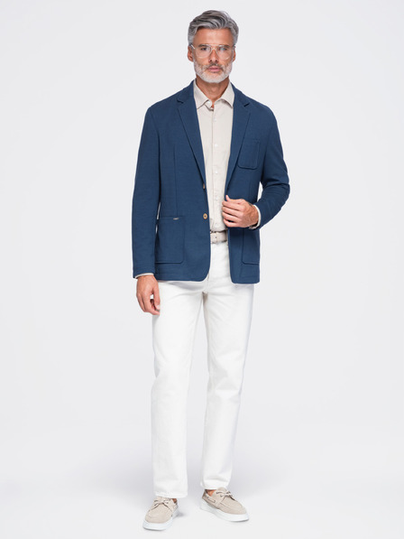 Ombre Clothing Pánské slimové sako SLIM z úpletu s jemnou strukturou – modré V6 M165 Ombre Clothing