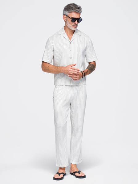 Ombre Clothing Pánské kalhoty z viskózy a lnu s pruhy – zlomená bílá V1 OM-PACP-0311 Ombre Clothing