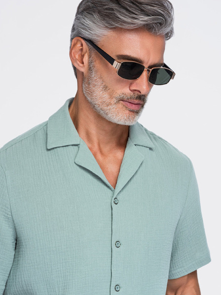 Ombre Clothing Pánská mušelínová košile s kubánským límečkem – pastelově zelená V3 OM-SHSS-0223 Ombre Clothing