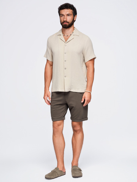 Ombre Clothing Pánská mušelínová košile s kubánským límečkem – béžová V1 OM-SHSS-0223 Ombre Clothing