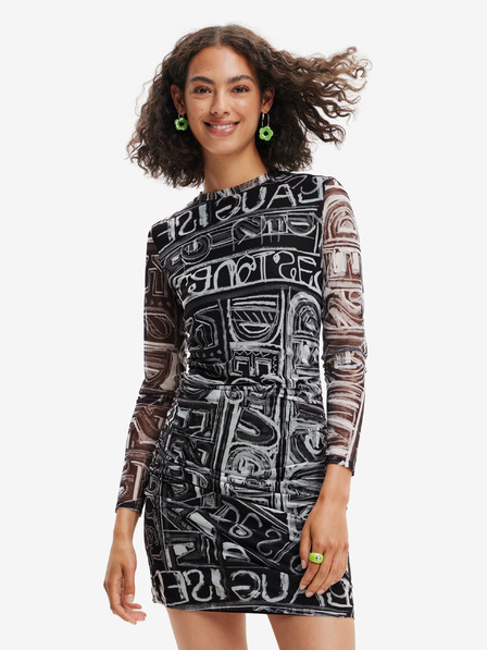 Desigual Černé dámské vzorované pouzdrové minišaty Desigual Lettering