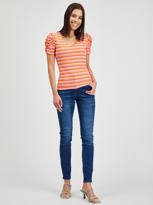 Orsay Růžovo-oranžové dámské pruhované tričko ORSAY