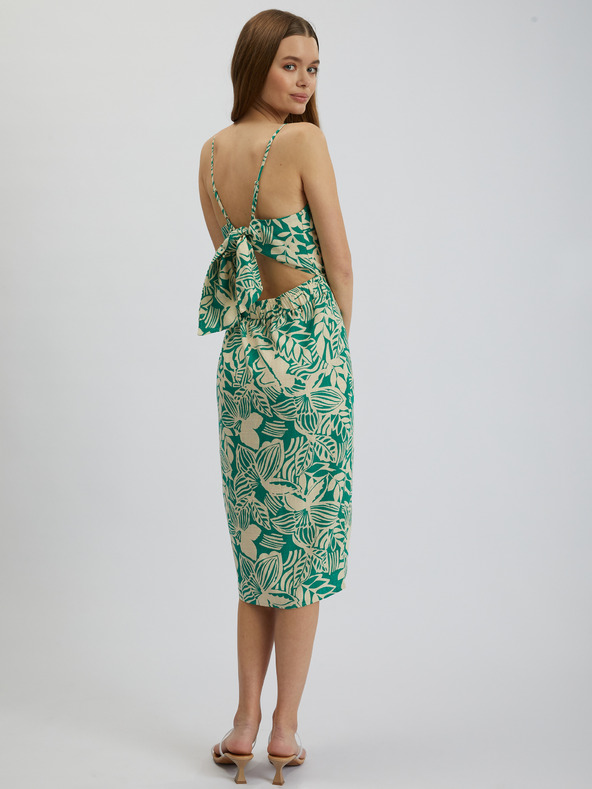 Orsay Krémovo-zelené dámské vzorované lněné midišaty ORSAY