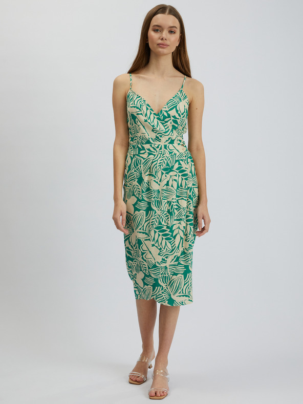 Orsay Krémovo-zelené dámské vzorované lněné midišaty ORSAY