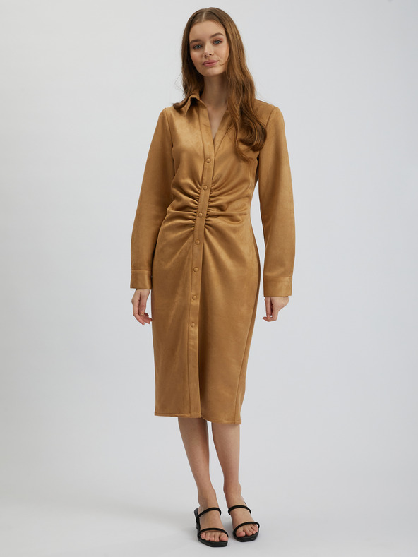 Orsay Hnědé dámské pouzdrové šaty v semišové úpravě ORSAY