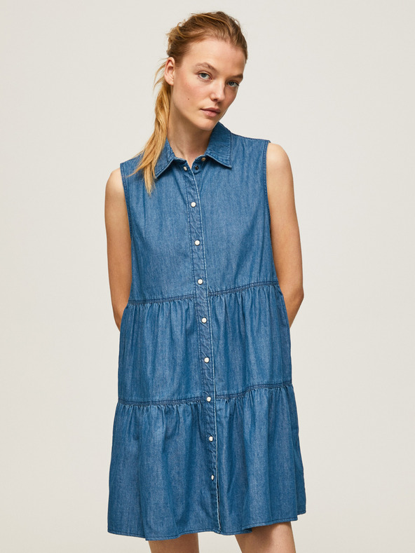 Pepe Jeans Modré dámské džínové košilové šaty Pepe Jeans