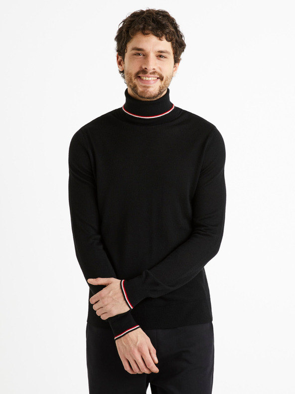 Celio Černý pánský svetr s rolákem a příměsí vlny Celio Deblack
