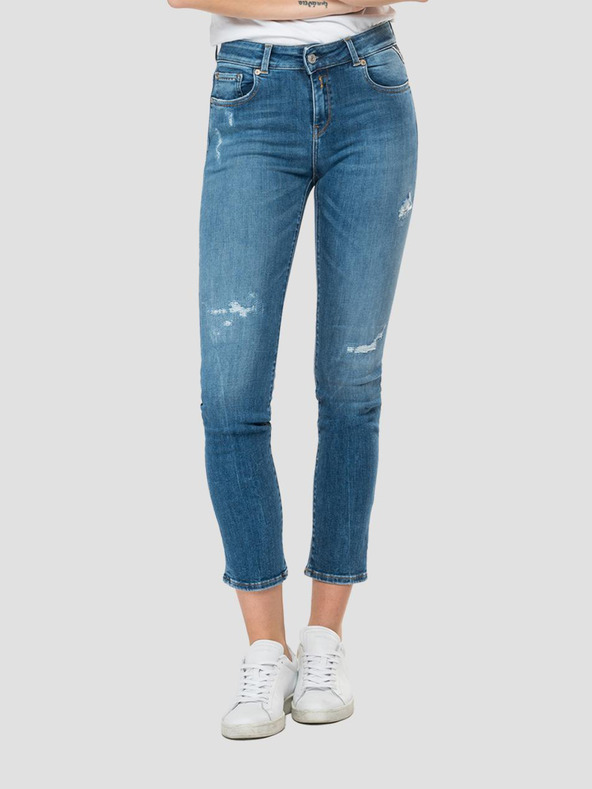 Replay Modré dámské zkrácené slim fit džíny s potrhaným efektem Replay