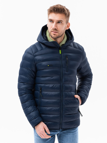 Ombre Clothing Pánská prošívaná bunda s kapucí - tmavě modrá V3 C549