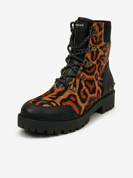 Desigual Hnědé dámské kožené kotníkové boty s leopardím vzorem Desigual Biker Leopard