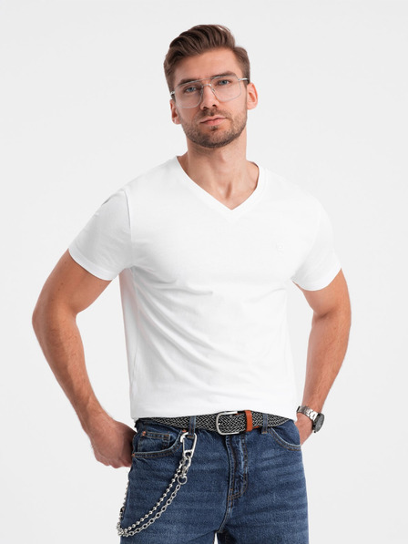 Ombre Clothing Bílé pánské tričko s véčkovým výstřihem Ombre Clothing