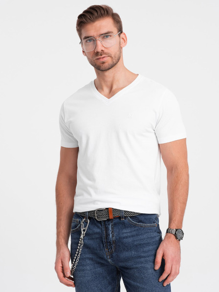 Ombre Clothing Bílé pánské tričko s véčkovým výstřihem Ombre Clothing