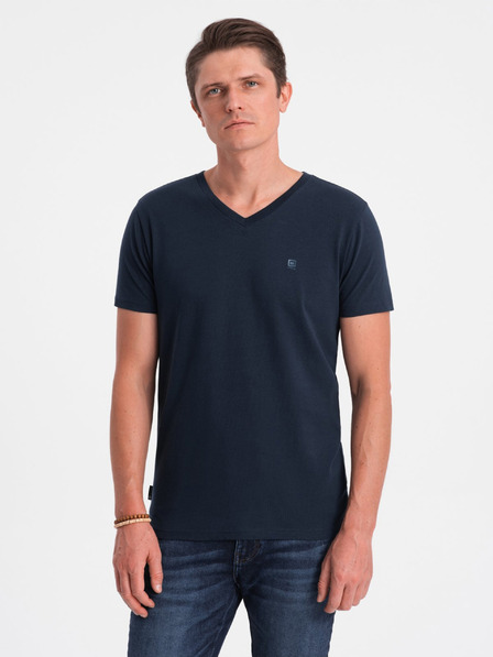 Ombre Clothing Tmavě modré pánské tričko s véčkovým výstřihem Ombre Clothing