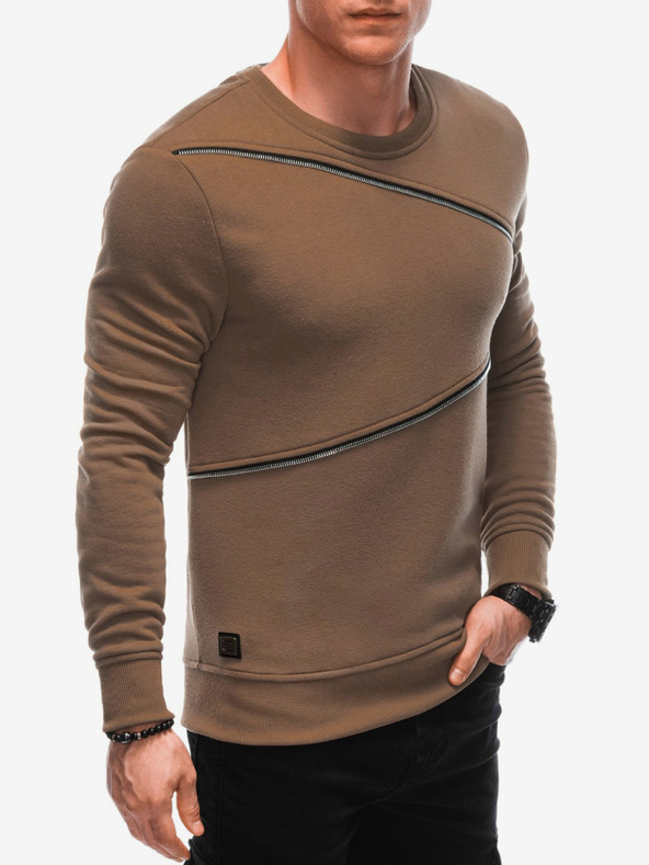 Ombre Clothing Hnědá pánská mikina s ozdobnými zipy Ombre Clothing