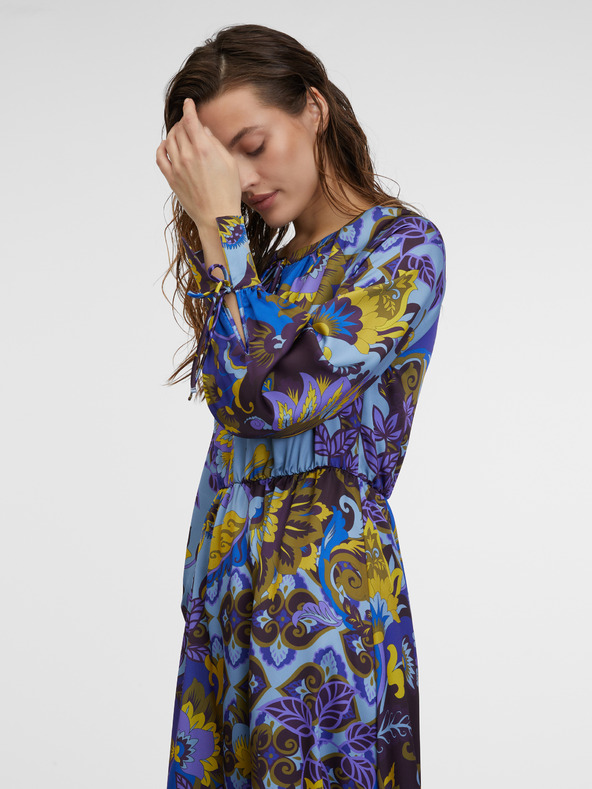 Orsay Modré dámské vzorované saténové midišaty ORSAY