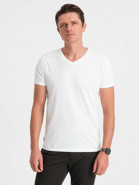 Ombre Clothing Bílé pánské basic tričko s véčkovým výstřihem Ombre Clothing
