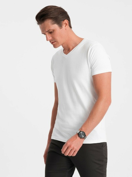 Ombre Clothing Bílé pánské basic tričko s véčkovým výstřihem Ombre Clothing