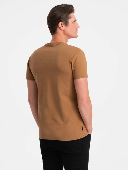 Ombre Clothing Hnědé pánské basic tričko s véčkovým výstřihem Ombre Clothing