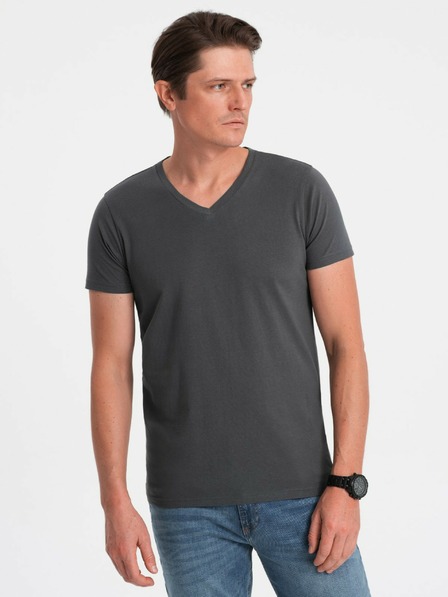 Ombre Clothing Tmavě šedé pánské basic tričko s véčkovým výstřihem Ombre Clothing