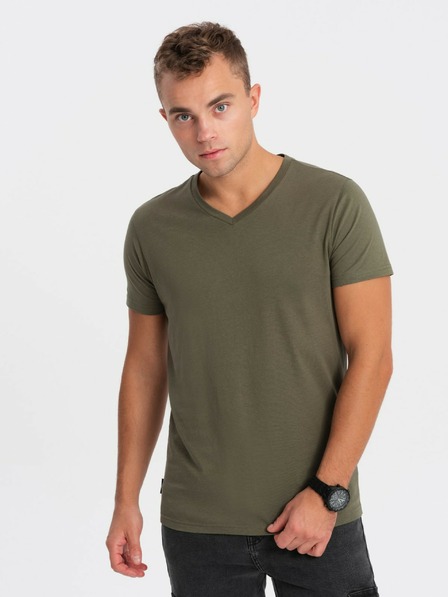 Ombre Clothing Khaki pánské basic tričko s véčkovým výstřihem Ombre Clothing