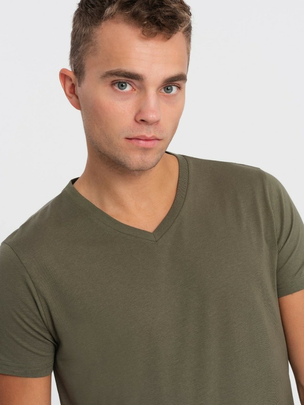 Ombre Clothing Khaki pánské basic tričko s véčkovým výstřihem Ombre Clothing