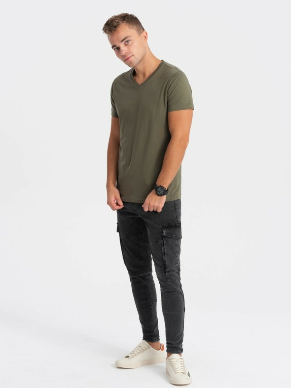 Ombre Clothing Khaki pánské basic tričko s véčkovým výstřihem Ombre Clothing