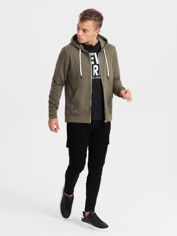 Ombre Clothing Khaki pánská mikina na zip s kapucí Ombre Clothing