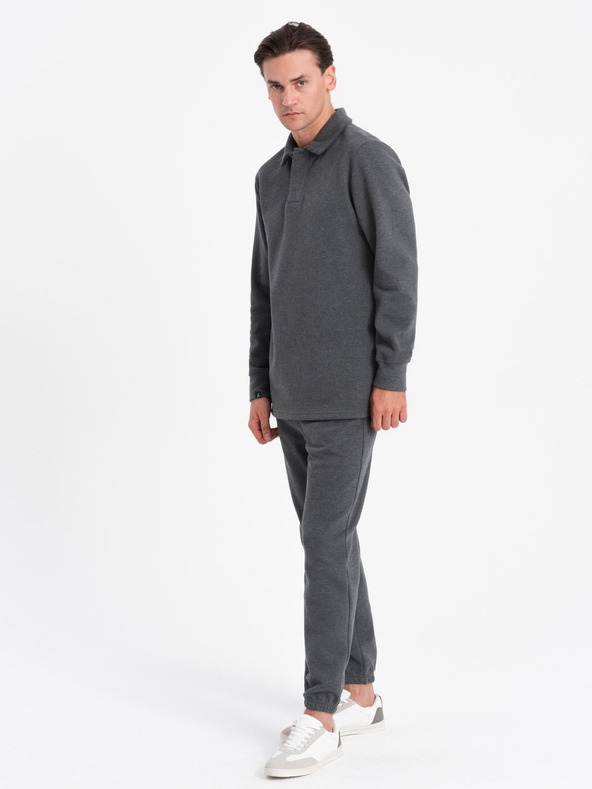 Ombre Clothing Tmavě šedá pánská tepláková souprava mikina s polo límcem + kalhoty Ombre Clothing