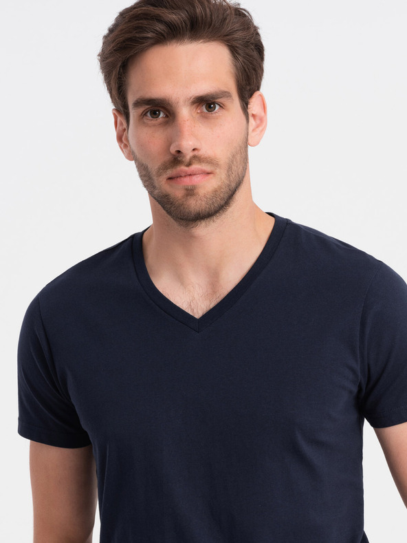 Ombre Clothing Tmavě modré pánské basic tričko s véčkovým výstřihem Ombre Clothing