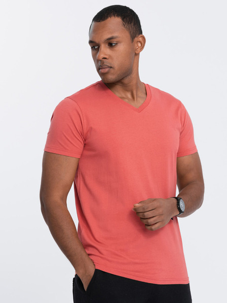 Ombre Clothing Korálové pánské basic tričko s véčkovým výstřihem Ombre Clothing