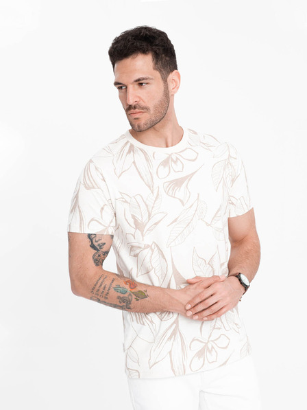 Ombre Clothing Béžovo-krémové pánské vzorované tričko Ombre Clothing