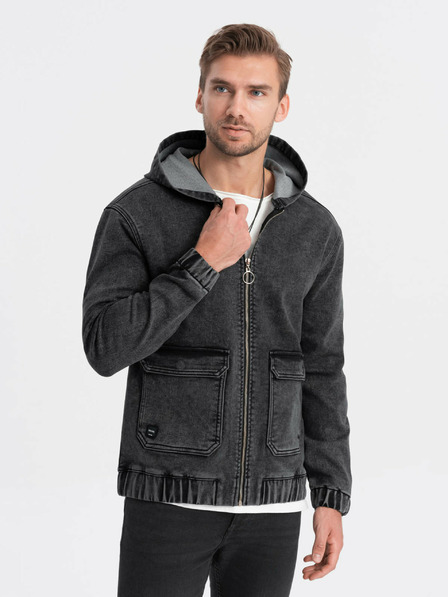 Ombre Clothing Černá pánská džínová bunda s kapucí Ombre Clothing