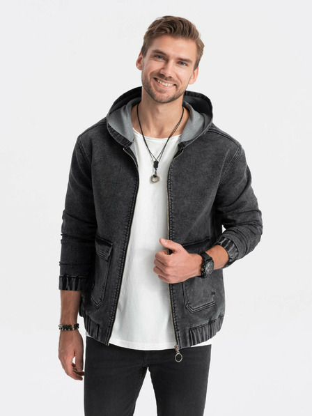Ombre Clothing Černá pánská džínová bunda s kapucí Ombre Clothing