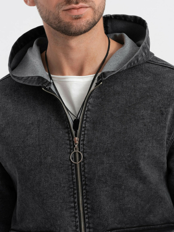 Ombre Clothing Černá pánská džínová bunda s kapucí Ombre Clothing