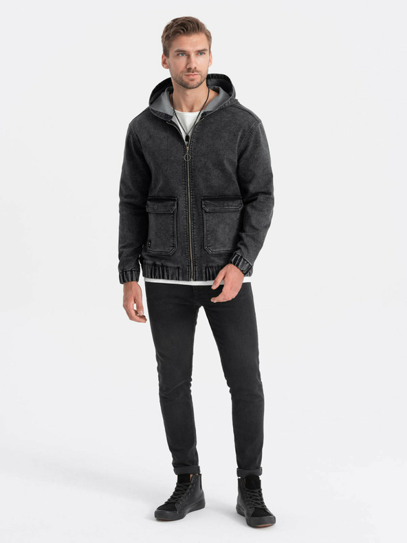 Ombre Clothing Černá pánská džínová bunda s kapucí Ombre Clothing