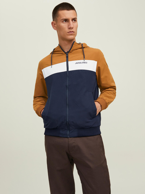Jack & Jones Hnědo-modrá pánská lehká bunda s kapucí Jack & Jones Rush