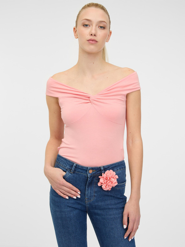 Orsay Světle růžové dámské tričko s krátkým rukávem s aplikací ORSAY