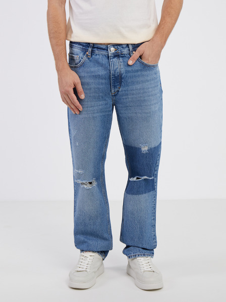 ONLY & SONS Modré straight fit džíny s potrhaným efektem ONLY & SONS