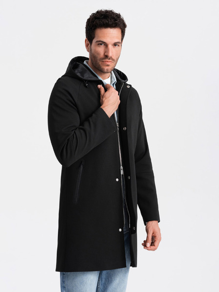 Ombre Clothing Černý pánský kabát s kapucí Ombre Clothing