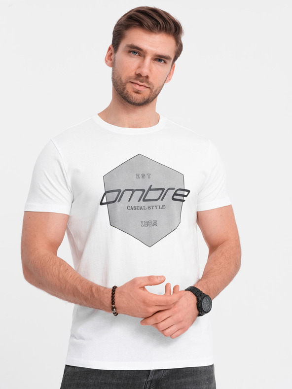 Ombre Clothing Bílé pánské tričko s geometrickým potiskem Ombre Clothing