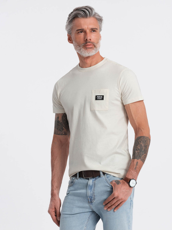Ombre Clothing Krémové pánské tričko s kapsičkou Ombre Clothing