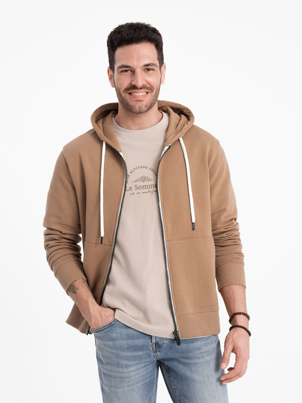 Ombre Clothing Hnědá pánská basic mikina na zip s kapucí Ombre Clothing