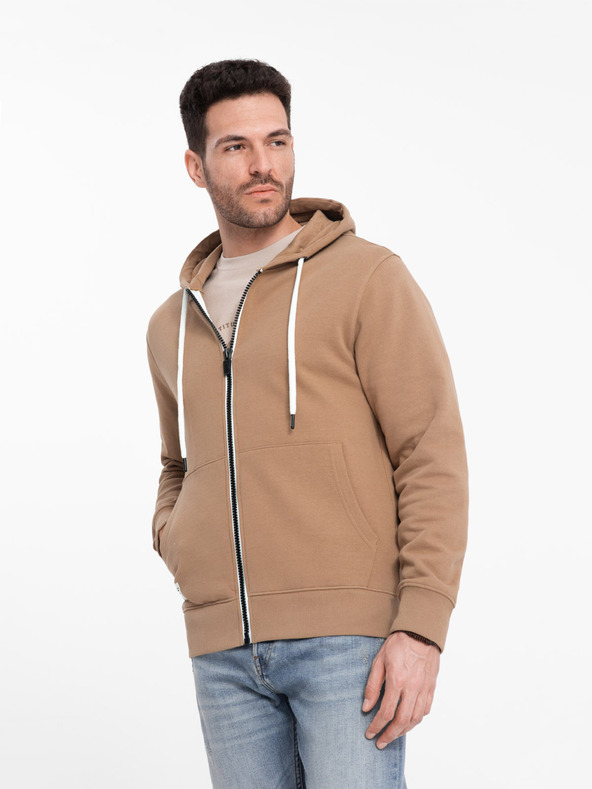 Ombre Clothing Hnědá pánská basic mikina na zip s kapucí Ombre Clothing