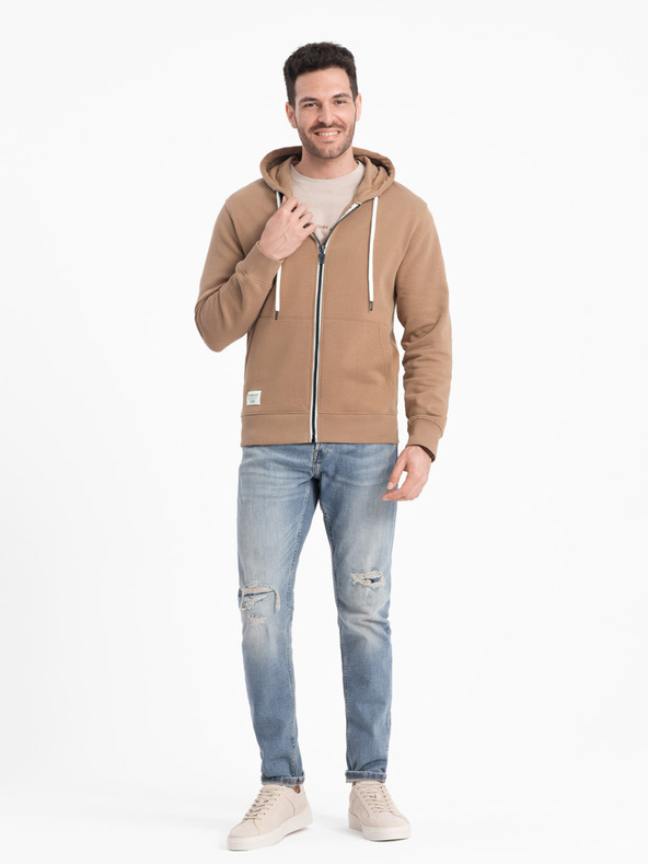 Ombre Clothing Hnědá pánská basic mikina na zip s kapucí Ombre Clothing