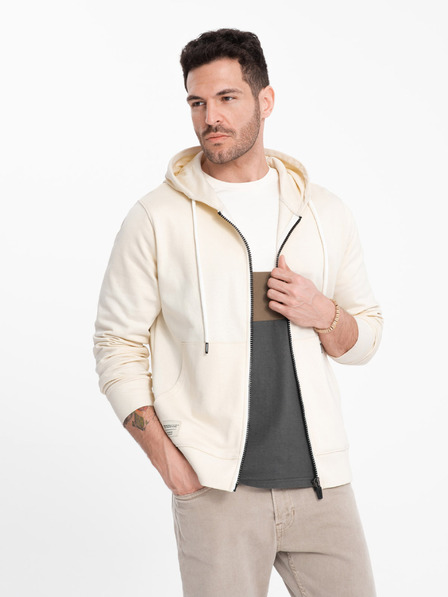 Ombre Clothing Krémová pánská basic mikina na zip s kapucí Ombre Clothing