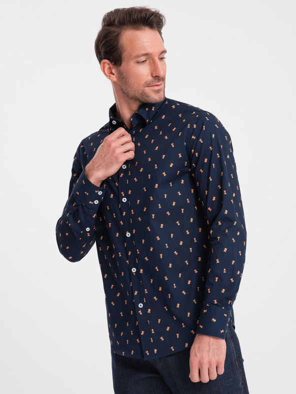 Ombre Clothing Modrá pánská vzorovaná slim fit košile Ombre Clothing