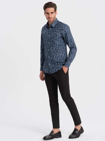 Ombre Clothing Modrá pánská vzorovaná slim fit košile Ombre Clothing