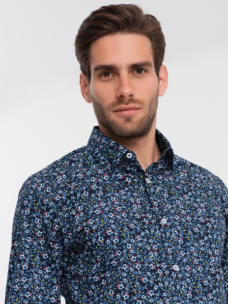 Ombre Clothing Modrá pánská vzorovaná slim fit košile Ombre Clothing